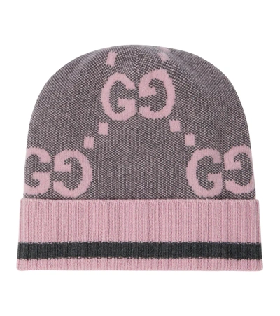 Shop Gucci Gg Cashmere Knit Beanie In Graphite/pink