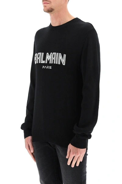 Shop Balmain Wool Sweater With Monogram Intarsia In Black