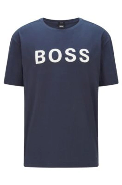 Shop Hugo Boss Unisex Relaxed-fit T-shirt In Cotton With Contrast Logo- Dark Blue Men's T-shirts Size M