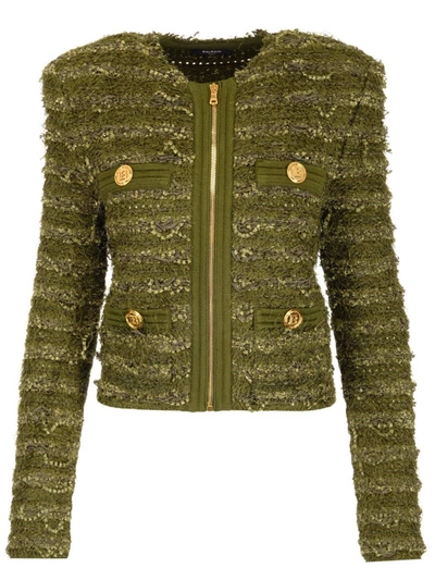 Shop Balmain Buttoned Tweed Round Neck Jacket In Green