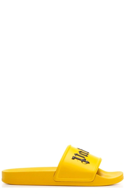 Shop Palm Angels Logo Printed Slides In Yellow