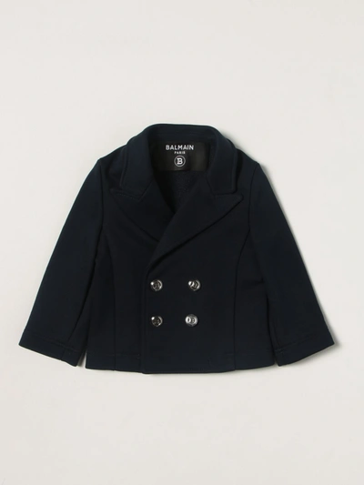 Shop Balmain Double-breasted Jacket In Cotton Blend In Blue