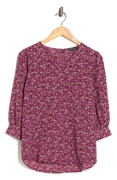 Shop Adrianna Papell Pebbled 3/4 Sleeve Crepe Blouse In Berry Delicate Ditsy