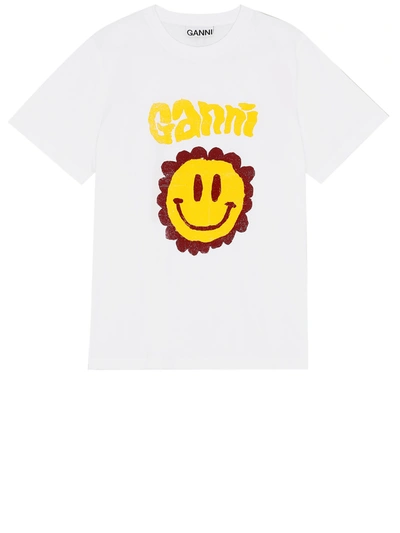Shop Ganni Flower Smiley T-shirt In White