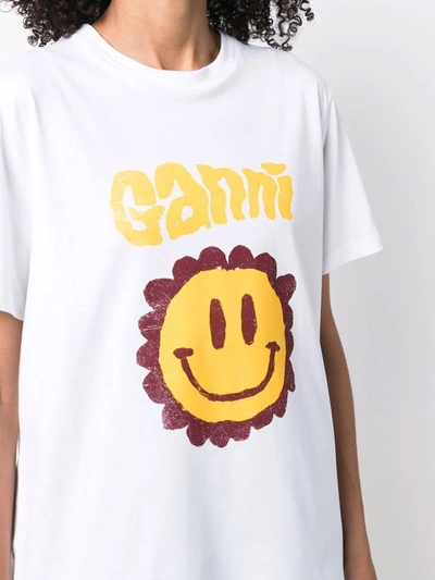 Shop Ganni Flower Smiley T-shirt In White