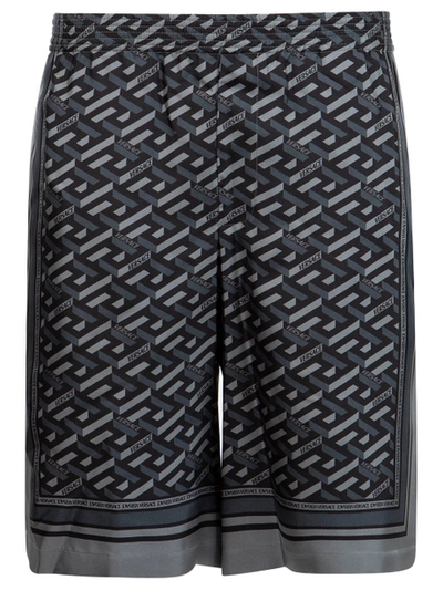 Shop Versace Silk Monogram Foulard Print Shorts Black And Grey