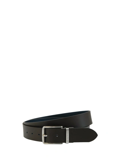 Shop Emporio Armani Man Leather Tongue Belts Belt In Brown / Blue