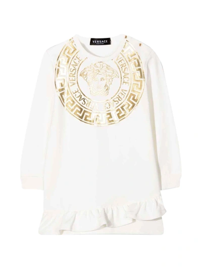 Shop Versace White / Gold Dress Baby Kids In Bianco/oro