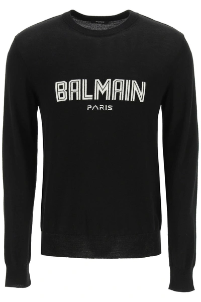 Shop Balmain Wool Sweater With Monogram Intarsia In Black