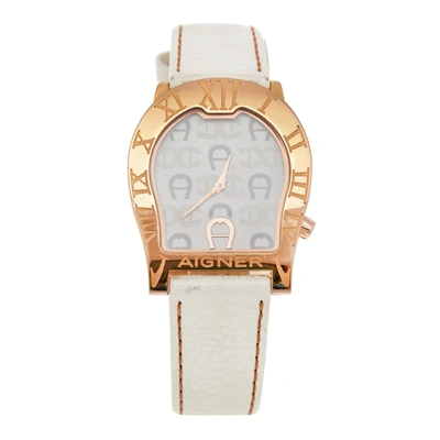 Pre-owned Aigner White Rose Gold Plated Stainless Steel Leather Verona Nuovo A22100 Women's Wristwatch 33 Mm