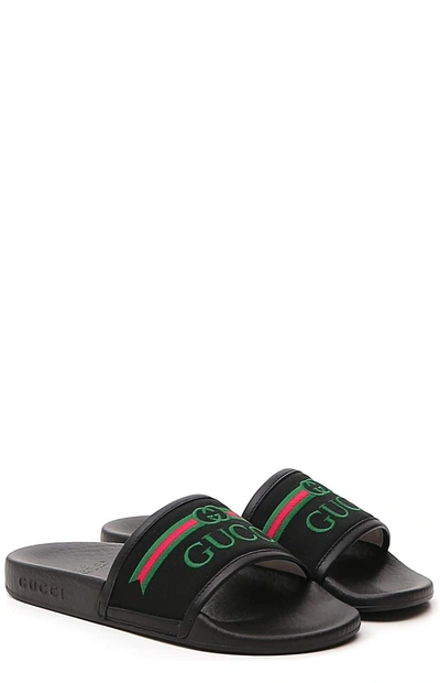 Shop Gucci Kids Logo Embroidered Slides In Black