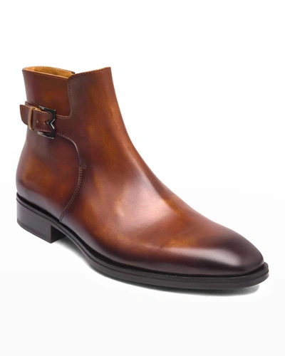 Shop Bruno Magli Men's Angiolini M-buckle Burnished Leather Ankle Boots In Cognac