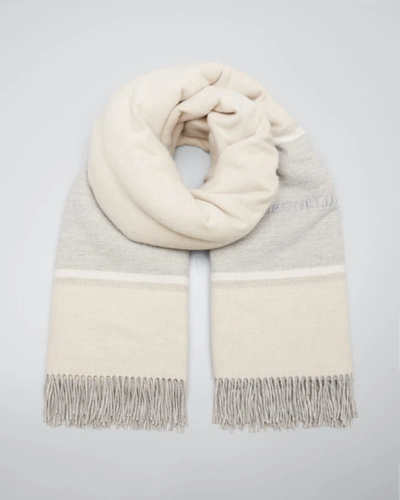 Shop Brunello Cucinelli Striped Logo Cashmere Throw Scarf