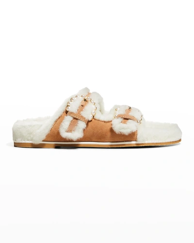 Shop Stuart Weitzman Piper Chill Shearling-lined Slide Sandals In Tan White