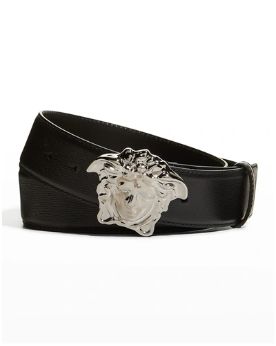 Shop Versace Men's Medusa Leather Belt In Black-ruthenium
