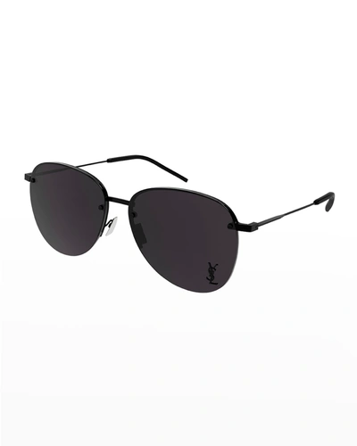 Shop Saint Laurent Men's Ysl Half-rim Metal Aviator Sunglasses In Semimatte Black