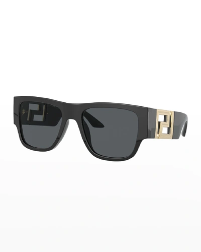 Shop Versace Men's Greca Rectangle Sunglasses In Black