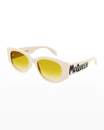 Shop Alexander Mcqueen Logo Rectangle Acetate Sunglasses In 002 Black/smoke