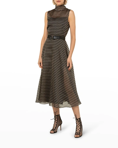 Shop Akris Striped Organza Belted Midi Dress In Black-cardboard