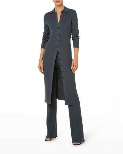 Shop Akris Collared Rib Long Cardigan In Dark Slate