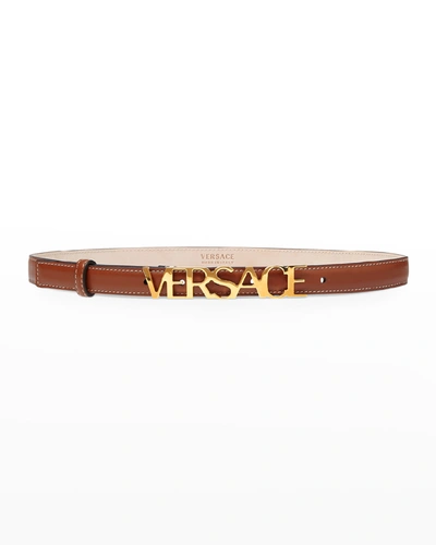 Shop Versace Leather Letter Logo Belt In Brown Gold