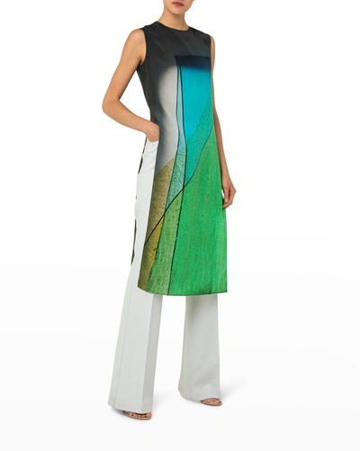 Shop Akris Aloe Abstract-print Silk Crepe Tunic Top In Aloe-multicolor