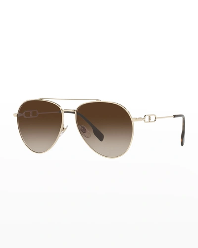 Shop Burberry Tb Cutout Steel Aviator Sunglasses In Light Gold