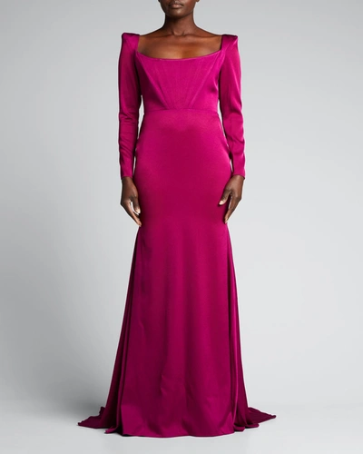 Shop Alex Perry Satin Crepe Corset Trumpet Gown In Raspberry