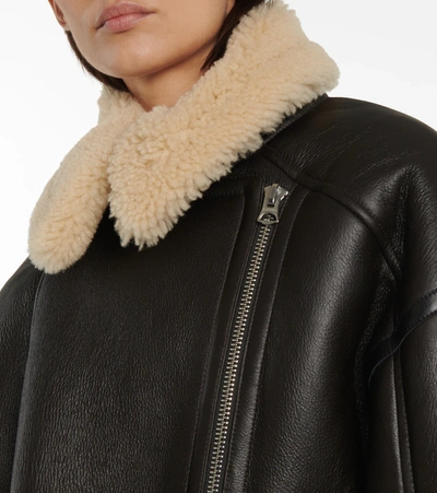 Shop Acne Studios Shearling And Leather Biker Jacket In Dark Brown Beige