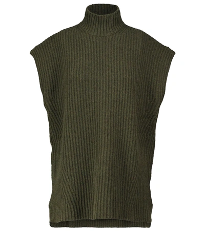 Shop Ganni Ribbed-knit Wool-blend Sweater Vest In Dark Green