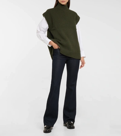 Shop Ganni Ribbed-knit Wool-blend Sweater Vest In Dark Green