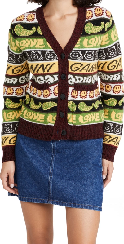 Shop Ganni Wool Mix Knit Cardigan In Multicolor