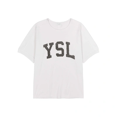 Shop Saint Laurent Off-white Logo Cotton T-shirt In White And Black