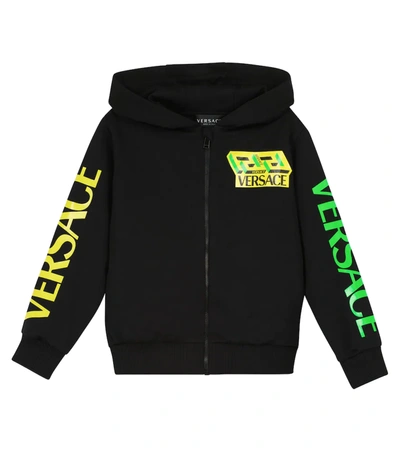 Shop Versace Cotton Zip-up Hoodie In Black+yellow+green