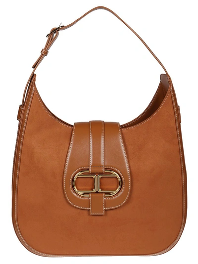 Shop Elisabetta Franchi Logo Plaque Shoulder Bag In Brown