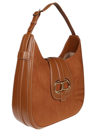 Shop Elisabetta Franchi Logo Plaque Shoulder Bag In Brown