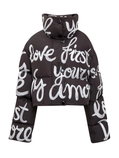 Shop Dolce & Gabbana Slogan Print Cropped Puffer Jacket In Black