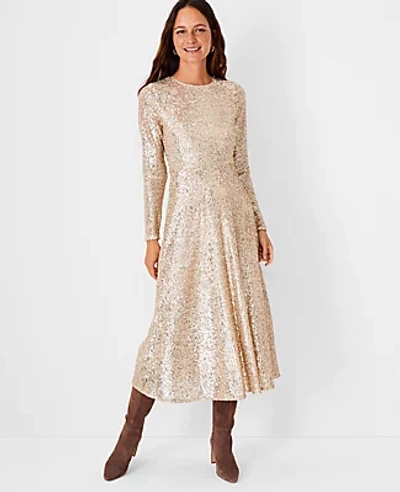 Shop Ann Taylor Sequin Midi Flare Dress In Rose Gold