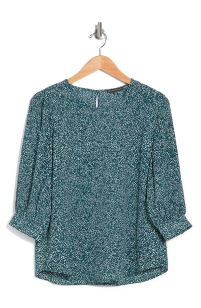Shop Adrianna Papell Pebbled 3/4 Sleeve Crepe Blouse In Evergreen Tropical Ditsy