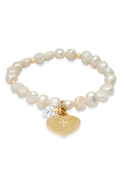 Shop Hmy Jewelry 18k Gold Plated Stainless Steel Simulated Pearl Mom Charm Bracelet In Yellow