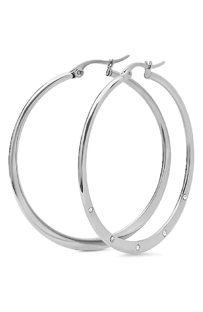 Shop Hmy Jewelry Stainless Steel Crystal Adorned 40mm Hoop Earrings In Metallic