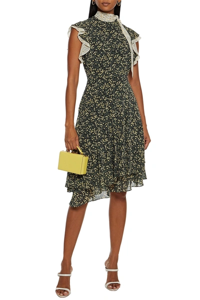 Shop Mikael Aghal Asymmetric Ruffled Floral-print Crepe De Chine Dress In Black