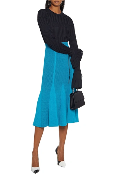 Shop Carolina Herrera Fluted Ribbed-knit Midi Skirt In Turquoise