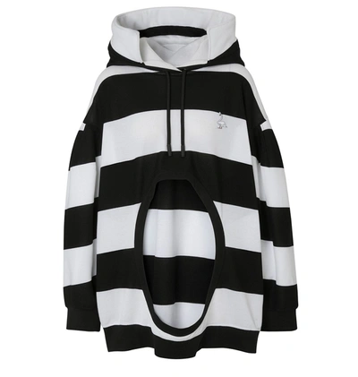 Shop Burberry Cut-out Detail Striped Cotton Hoodie In Black Pattern