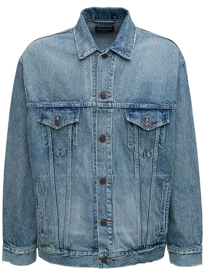 Shop Balenciaga Denim Jacket With Back College Print In Light Blue