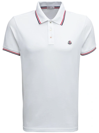 Shop Moncler White Cotton Piqet Polo Shirt With Logo Patch
