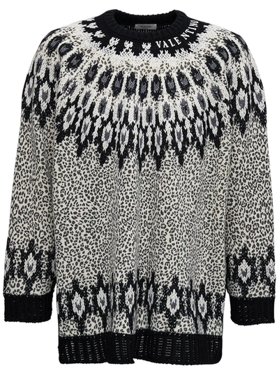 Shop Valentino Crew Neck Wool Sweater With Animal Print And Embroidery In Grey