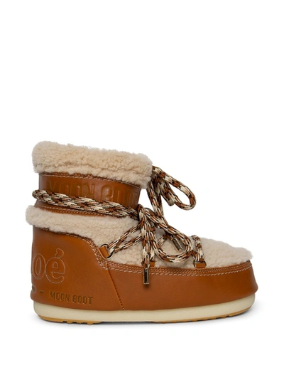 Shop Chloé X Moon Boot Leather And Shearling Boot Luminous Ochre