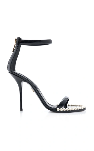 Shop Dolce & Gabbana Keira Pearl-embellished Patent Leather Sandals In Black