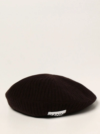 Shop Ganni Knitted Beret Hat In Dark
